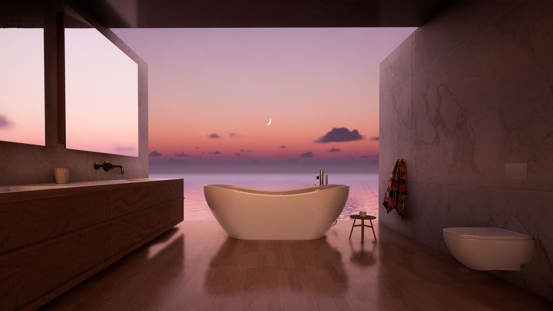 Luxurious bathroom featuring a large contrast therapy bathtub is shown silhouetted against a beautiful evening sky