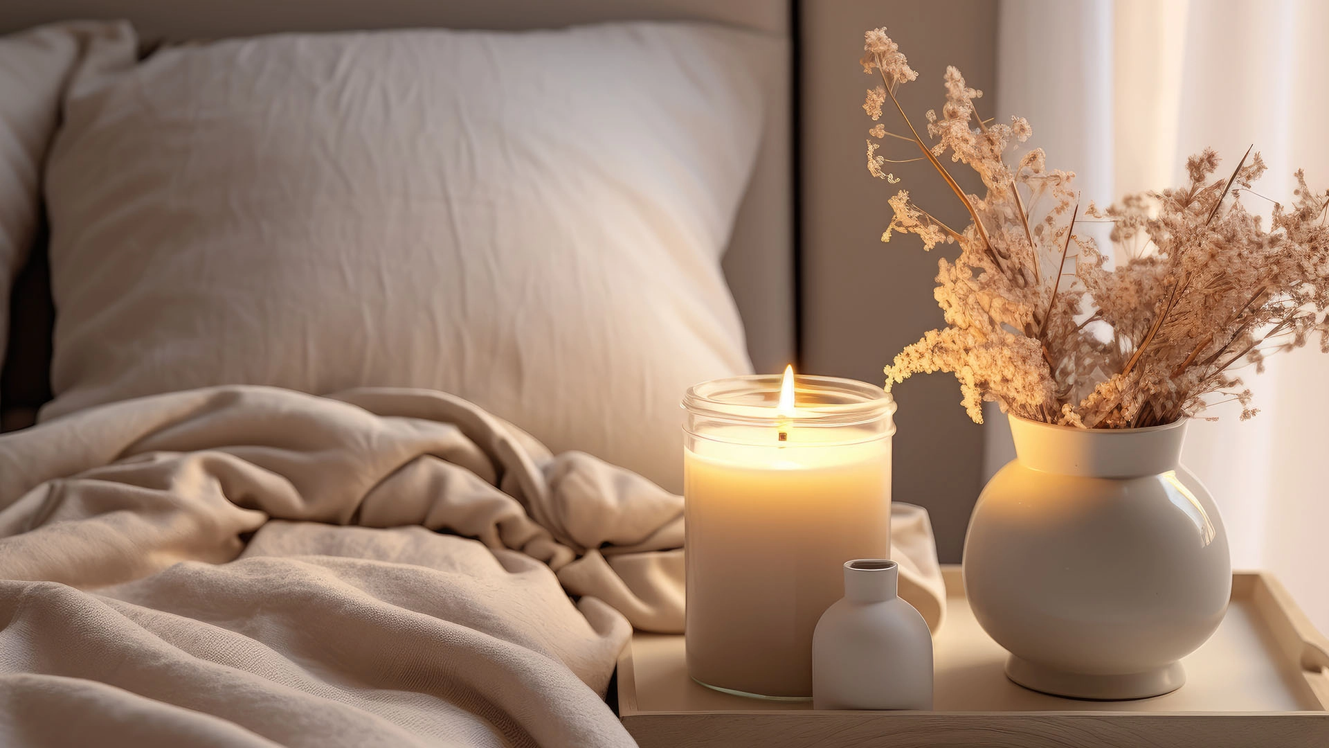 A white bed with soft sheets and a lit scented candle create atmosphere for a night of spiritual sex