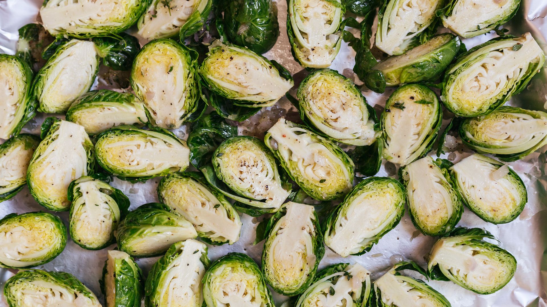 Overhead shot of Brussel sprouts on a pan.