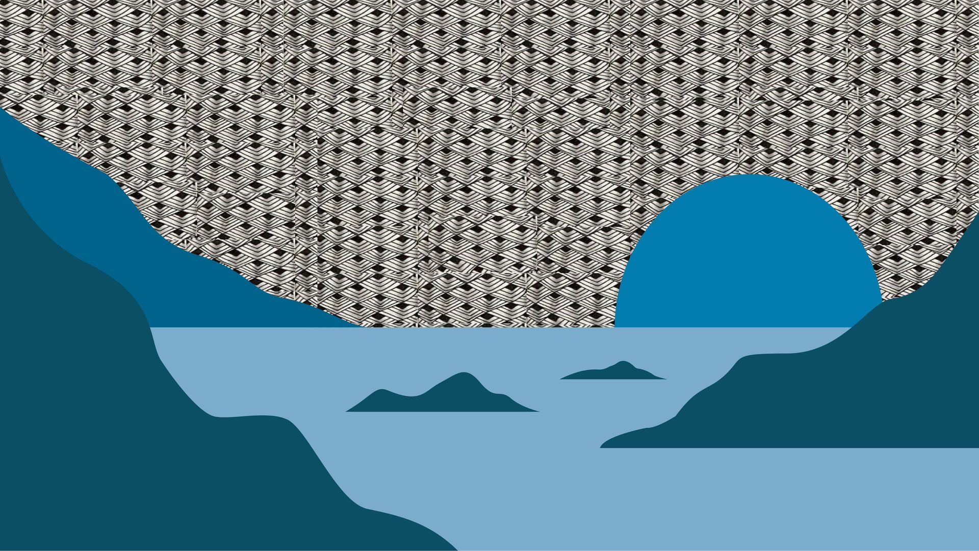 Zentangle patterns in an illustrated body of water surrounded by mountains.